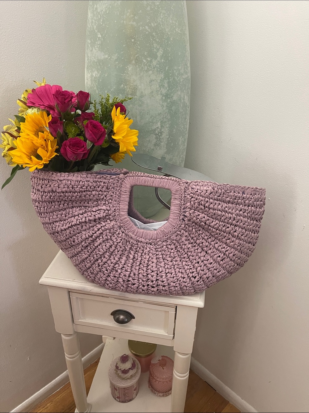 Dusty Lilac Straw Crochet Handle Tote Bag
